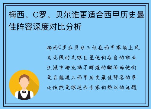 梅西、C罗、贝尔谁更适合西甲历史最佳阵容深度对比分析